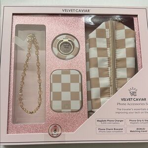 Velvet Caviar Tan and White Checkered Phone accessories Set
